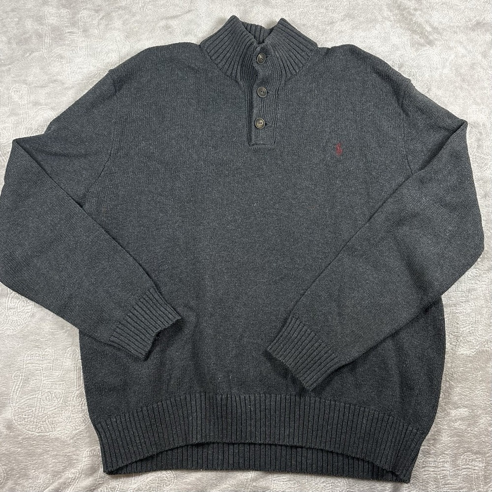 Polo Ralph Lauren Sweater Mens Gray 1/4 Zip Mock Neck Cotton‎ Knit Logo XL